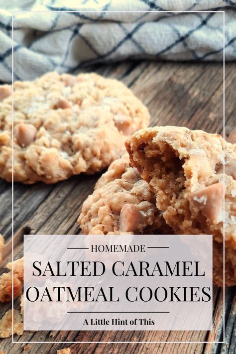 Whip up a batch of homemade Salted Caramel Oatmeal Cookies! These crisp and chewy cookies have the perfect combination of salty and sweet, and they're sure to be a hit with your family and friends. Plus, they're super easy to make - let us show you how! Caramel Oatmeal Cookies, Salted Caramel Oatmeal, Gingersnap Cookies Chewy, Caramel Oatmeal, Oatmeal Cookie Recipe, Homemade Salted Caramel, Salty Cookies, Salty Caramel, Oatmeal Cookies Chewy