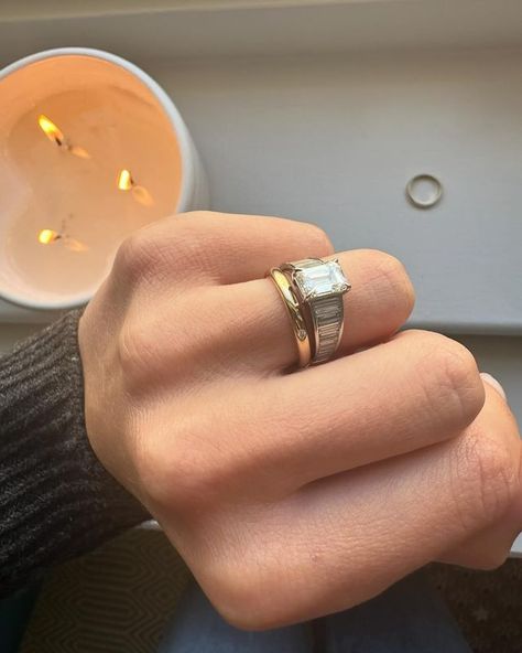 Sophie Whitelaw (@whitelaw.gold) • Instagram photos and videos 2025 Engagement Ring Trends, Gold And Silver Rings Mixed Engagement, Whitelaw Gold, Two Engagement Rings, Mixed Metal Engagement Ring, Wedding Bands White Gold, Half Bezel Engagement Ring, Wide Engagement Ring, Gemstone Solitaire Ring