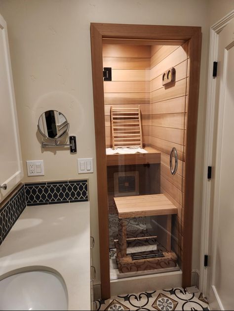 Small Bathroom Sauna, Bathroom With Sauna Layout, Tiny Sauna, Cheap Kitchen Updates, Sauna Bathroom Design, Gym Sauna, Bathroom 2024, Sauna Diy, Indoor Sauna