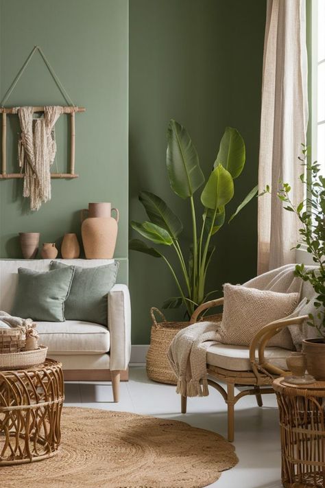 Living room with sage green walls, rattan furniture, and indoor plants. Serene Living Room, Green Walls Living Room, Sage Green Living Room, Rattan Decor, Green Living Room Decor, Green Lounge, Green Living Room, Sage Green Walls, Farm House Colors