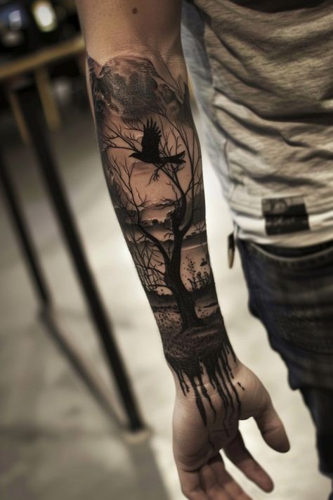 Forearm tattoo of a tree with crows and dripping ink effect. Vampire Leg Sleeve Tattoo, Forearm Skull Tattoos For Guys, Knife Sleeve Tattoo, Full Forearm Tattoo Men Half Sleeves, Black Forearm Tattoo For Men, Gothic Male Tattoos, Minimalist Sleeve Tattoo Men, Mens Dark Tattoos, Gothic Forearm Tattoos Men