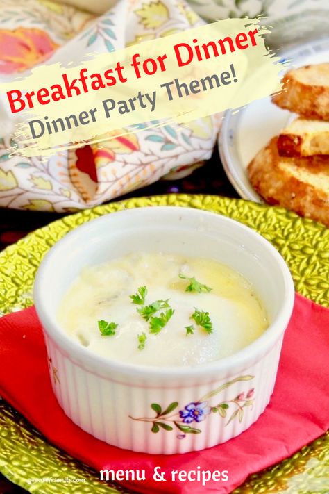 A ramekin with a baked egg in it, parsley sprinkled on top and toast in the background. Breakfast For Dinner Party Theme, Pajama Dinner Party, Prom Breakfast, Breakfast For Dinner Party, Supper Club Theme, Themed Dinner Party, Dinner Party Ideas, Pajamas Party, Themed Dinner