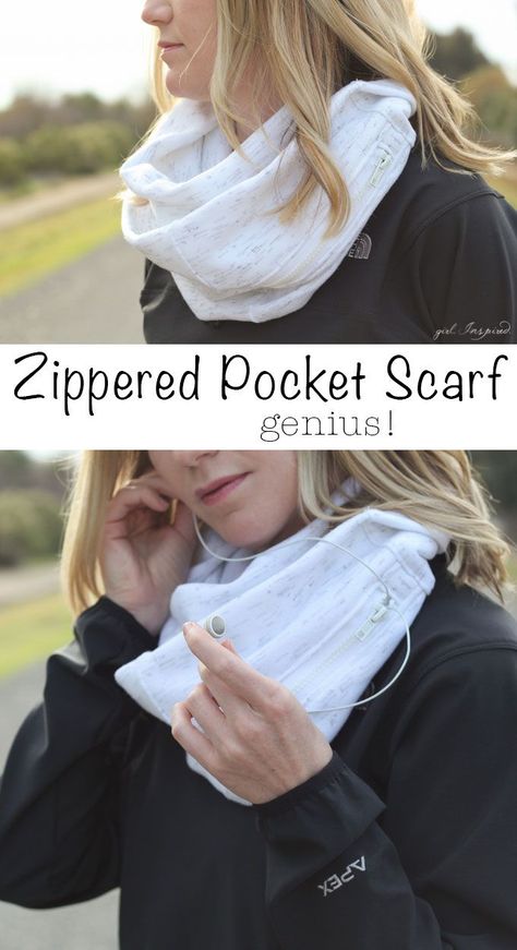 Zippered Pocket Scarf - Sew up this EASY scarf with a zippered pocket perfect for stashing your phone, ID, and house key! So great for walks, jogging, even a day trip where you want your hands free! Scarf Sewing Pattern, Sewing Scarves, Diy Sy, Pocket Scarf, Pocket Scarves, Sew Ins, Easy Sewing Projects, Sewing Gifts, Sewing For Beginners