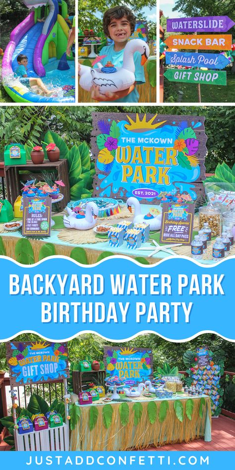 Welcome to the Water Park! You can't go to the water park without stopping at the snack bar for a treat and snagging a souvenir at the gift shop! This was such a fun birthday party! The kids loved picking their own snacks at the snack bar and everyone went home with party favor gifts from the gift shop. The inflatable shark waterslide was a huge hit too! All of the water park party printables are available in my Just Add Confetti Etsy shop. Head to justaddconfetti.com for more party ideas! River Float Birthday Party, Waterpark Party Favors, Water Theme Party Ideas, Backyard Slip And Slide Party, Pool Party Treat Table, Waterslide Themed Birthday Party, Backyard Splash Party Ideas, At Home Water Park, Backyard Water Park Ideas