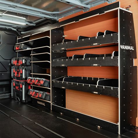 Transit Custom LWB Phenolic Black Finish Adjustable Driver Side Racking with Toolbox ShelvesVanimal van racking and storage shelving is designed and produced on-site in Leeming Bar, North Yorkshire; shipping throughout the UK and across Europe. Our Ford Transit Custom L2 universal front toolbox racking is made from heavy-duty, high-quality, 12mm black Phenolic treated, hexaboard finish plywood. This provides an attractive and resilient textured finish, giving the van racks a strong, stable, and Transit Van Tool Storage Ideas, Ford Transit Custom Racking Ideas, Transit Custom Racking Ideas, Work Van Ideas, Transit Connect Shelving, Van Tool Storage, Van Storage Ideas Tools, Work Van Storage Ideas, Work Van Organization Ideas