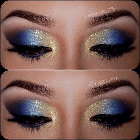 Blue And Gold Makeup, Yellow Eye Makeup, Make Up Designs, Drag Make-up, Gold Eye Makeup, Smink Inspiration, Eye Makeup Steps, Beauty Make-up, Makijaż Smokey Eye