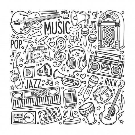 Hand drawn set of music in doodles | Premium Vector #Freepik #vector #music #hand #hand-drawn #doodle Music Notes Drawing, Music Sketch, Music Doodle, Piano Jazz, Zestaw Ikon, Doodle Vector, School Illustration, Music Drawings, Easy Doodles