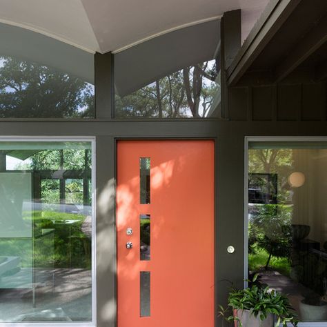 Midcentury Modern Front Door, Mid Century Front Door, Coral Front Doors, Mid Century Modern Front Door, Mid Century Modern Door, Mid Century Modern Exterior, Mid Century Exterior, Orange Door, Contemporary Front Doors