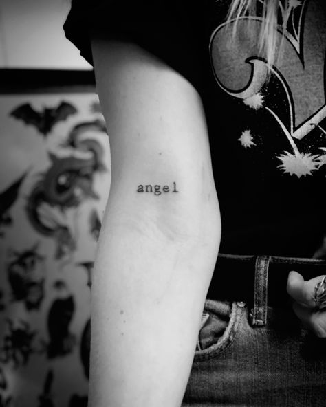 Angel Tattoo Writing, Loved By An Angel Tattoo, Word Tattoo Fonts, Angel Word Tattoo, Tattoo Writing, Fonts Cursive, Tattoo Fonts Cursive, Word Tattoo, Tattoo Font