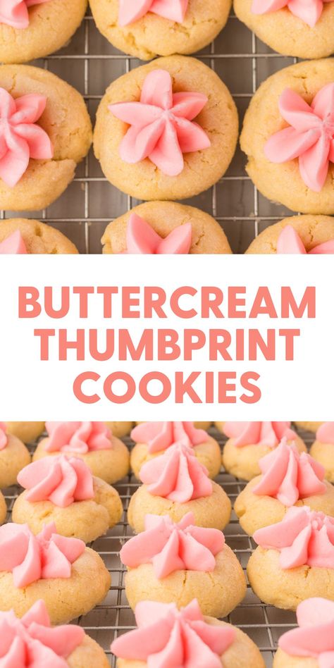 Discover the secret to heavenly bliss with our Ultimate Buttercream Thumbprint Cookies! 🌟 Each cookie, with its velvety buttercream heart, promises a moment of pure joy. Perfect for cozy gatherings or a solo treat! #ThumbprintCookies Buttery Thumbprint Cookies, Thumbprint Cookies Buttercream, Cookie Recipes Thumbprint, Tea Cookies With Icing, Soft Thumbprint Cookies, Thumbprint Icing Recipe, Thumb Print Cookies Recipes, Spring Cookie Recipes, Soft Butter Cookies Recipe