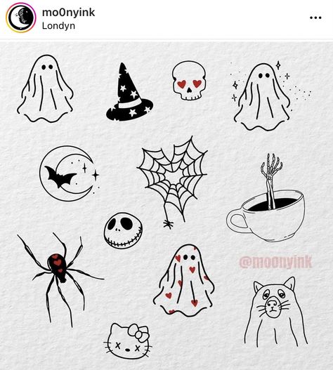 Cute Small Spooky Tattoos, Kawaii Best Friend Tattoos, Halloween Cute Tattoo Ideas, Small Simple Flash Tattoo, Cute Small Goth Tattoos, Ghost Tiny Tattoo, Small Tattoo Halloween, Cute Mini Halloween Tattoos, Simple Tattoos Halloween