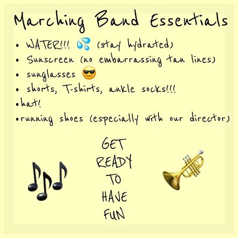 Marching band essentials!!! #marchingband #marchingbandexe Marching Band Must Haves, Workouts For Marching Band, Colorguard Essentials, Band Competition Packing List, Marching Band Essentials, Band Camp Lunch Ideas, Marching Band Workout, Band Camp Essentials, Hairstyles For Marching Band