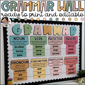 Use this kit to create a beautiful and engaging parts of speech bulletin board! This resource will make it easy to review important grammar skills throughout the entire year! Assembling is super easy! Use the ready to print posters and word cards and you're set! You can also use the editable components included to create your own definitions and word cards.Please note that this resource was originally created with clip art. I have received requests over the years to offer it without clip art for teachers to use in upper elementary classrooms.This resource includes:Ready to print headers and word cards.An editable copy of all the headers and cards that you can customize.Large bulletin board letters that spell out "Grammar Wall"Important:This file is editable using PowerPoint. I used paid fo Word Classes Grammar, English Language Arts Bulletin Boards, Grammar Classroom Decor, 4th Grade Writing Bulletin Boards, Bulletin Board For Reading, Teacher About Me Bulletin Board, Upper Elementary Word Wall, Bulletin Board Ideas For English, Vocabulary Display Ideas Classroom