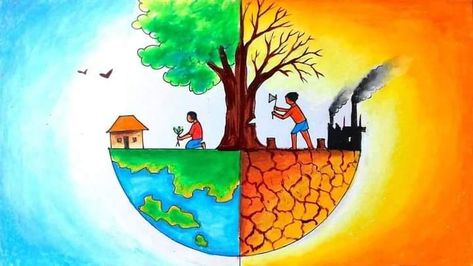 Easy Drawing for children and teachers Save Animals Drawing, Environment Drawing Ideas, Save Water Drawing, Watercolor Course, Easy Nature Drawings, Save Earth Posters, World Environment Day Posters, Save Earth Drawing, Environment Drawing