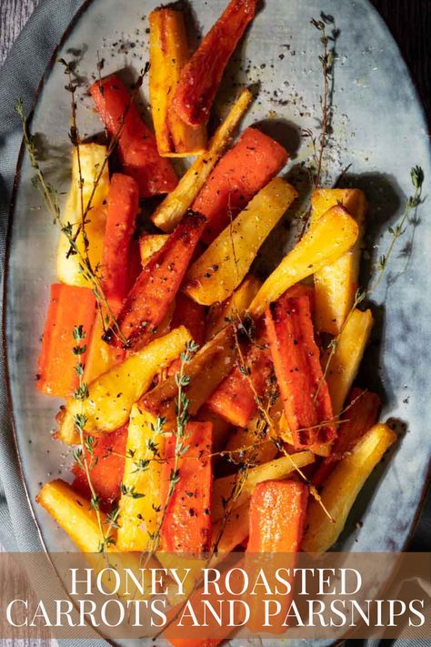 Honey roasted carrots and parsnips on a grey serving tray. Glazed Carrots And Parsnips, Carrots And Parsnips Recipe, Maple Dijon Roasted Carrots, Carrot And Parsnip Recipe, Thanksgiving Roast, Parsnips Recipe, Roast Dinner Sides, Dinner Date At Home, Carrots And Parsnips