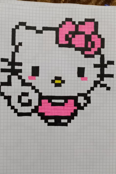 Hello Kitty Grid Art, Pixel Hello Kitty Art, Pixelated Hello Kitty, Grid Paper Drawings, Grid Paper Art, Pixel Hello Kitty, Graph Drawings, Hello Kitty Minecraft, Pixel Art Hello Kitty