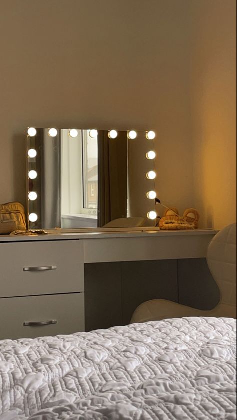 I 🤍 My Room Make Up Desk With Mirror, Make Up Mirror With Lights, Bulb Mirror, Mirror Hollywood, Hollywood Makeup Mirror, Lighted Vanity, Bedroom Stuff, Hollywood Lights, Hollywood Makeup