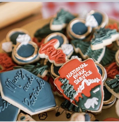 Camping Rehearsal Dinner, National Park Themed Bachelorette Party, Outdoorsy Bridal Shower Theme, National Park Bridal Shower Theme, Hiking Bridal Shower Theme, National Park Cookies, Mountain Bridal Shower Theme, National Park Baby Shower Theme, National Park Birthday Party