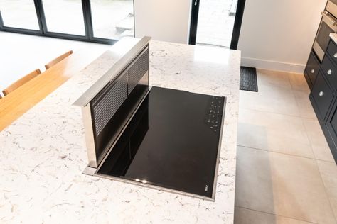 On the large central island we built in the Wolf 914mm Induction hob and the Wolf 914mm downdraft extractor. Kitchen Island With Hob, Kitchen Island Hob, Exposed Brick Kitchen, Modern Shaker Kitchen, Kitchen With Long Island, Downdraft Extractor, Kitchen Layouts, Bar Dining Table, Long Kitchen