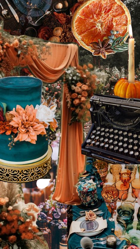 Rusty Orange And Teal Wedding, Rustic Teal And Burnt Orange Wedding, Teal And Orange Wedding Decor, Teal And Orange Wedding, Teal And Orange Wedding Fall Table Settings, Rustic Orange And Teal Wedding, Orange And Teal Aesthetic Wedding, Teal Wedding Centerpieces, Woodstock Wedding