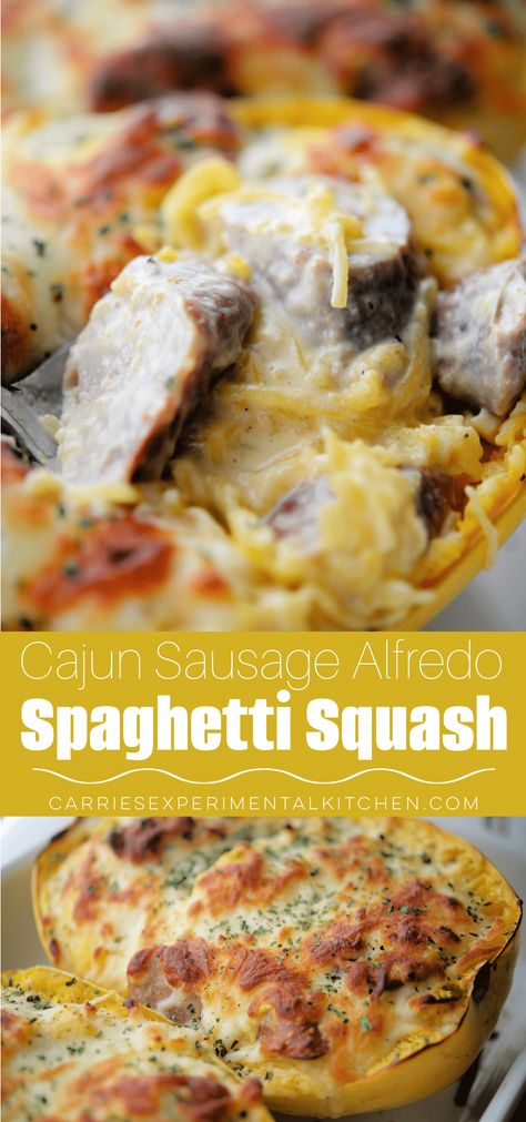 Cajun Sausage Alfredo, Alfredo Spaghetti Squash, Alfredo With Sausage, Italian Sausage Spaghetti, Alfredo Spaghetti, Spaghetti Squash Alfredo, Sausage And Spaghetti Squash, Andouille Sausage Recipes, Cheesy Broccoli Rice Casserole