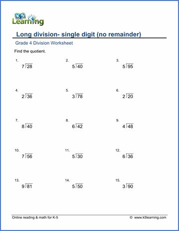 Grade 4 Long Division Worksheets: 2 by 1-digit numbers (no remainder) | K5 Learning Divide Worksheet, Division Examples, Divisibility Rules Worksheet, Division With Remainders, Teaching Division, Long Division Worksheets, Maths Worksheet, Numbers Worksheets, 4th Grade Math Worksheets