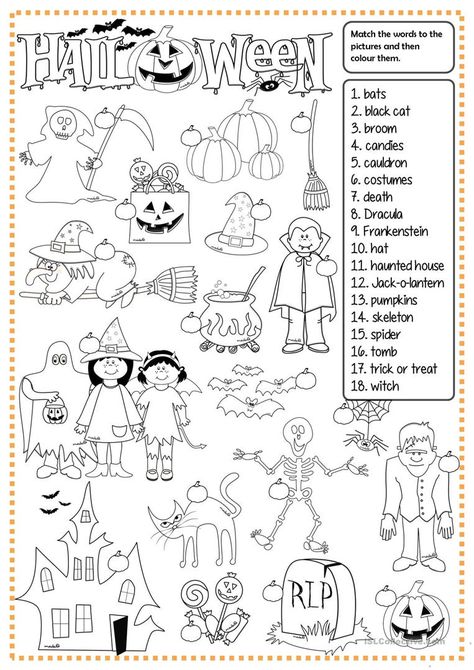 Halloween - matching - English ESL Worksheets Halloween Worksheet, Veselý Halloween, Halloween Worksheets, Halloween Matching, Fun Worksheets, English Activities, Halloween School, Halloween Games, Classroom Posters