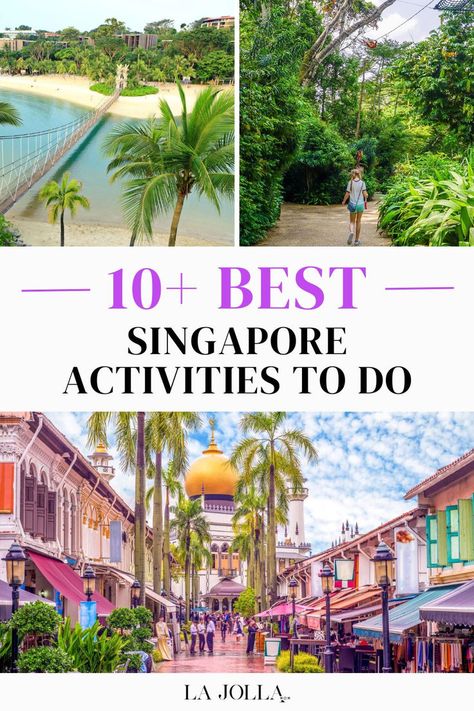 Scenic views of a tropical beach, lush green pathway, and a bustling street in Singapore lined with colorful shops. Singapore With Kids, Singapore Vacation, Singapore Travel Tips, Singapore Trip, Singapore Itinerary, Things To Do In Singapore, Singapore Zoo, Singapore Botanic Gardens, Universal Studios Singapore