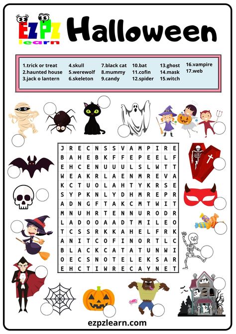 Halloween Worksheets Free, Vocab Activities, Game Worksheet, Word Puzzles For Kids, Ingles Kids, Halloween Vocabulary, Free Printable Word Searches, Halloween Lesson, Halloween Word Search