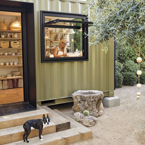 Former Interior Designer Transforms a Shipping Container into a Charming Backyard Pottery Studio - Phoenix Home & Garden Outside Pottery Studio, Outdoor Ceramic Studio, Shipping Container Pottery Studio, Backyard Pottery Studio, Pottery Studio Shed, Container Workshop Ideas, Pottery Room Ideas, Backyard Artist Studio, Pottery Studio Aesthetic