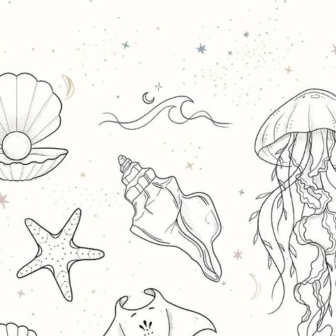 Lucia Tattoos 🏳️‍🌈 ✨London Fine Line Tattoo Artist on Instagram: "Dive into the new year by treating yourself to an ocean themed tattoo!  I got a lot of you wanting ocean theme tattoo flash! 🌊 🐚 ☀️   💌 email or fill an enquiry form in my bio to claim your chosen design!  • • #oceantattoo #seatattoo #jellyfishtattoo #finelinetattoo #shelltattoo #whaletattoo #stingraytattoo" Tattoo Ideas Ocean Theme, Ocean Patchwork Tattoo, Ocean Theme Tattoo, Ocean Themed Tattoos, Discreet Tattoos For Women, Beach Theme Tattoos, Manatee Tattoo, Ocean Font, Ocean Theme Tattoos