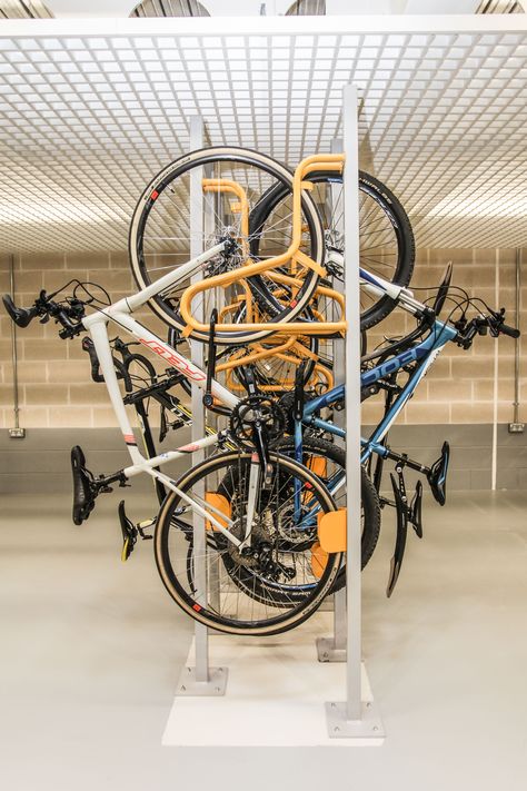 Cycle parking symmetry, by Five at Heart. Bike Storage Architecture, Bike Room Design, Bike Parking Design, Bicycle Parking Design, Kids Bike Storage, Bike Storage Design, Apartments Floor Plans, Bike Storage Home, Garage Velo