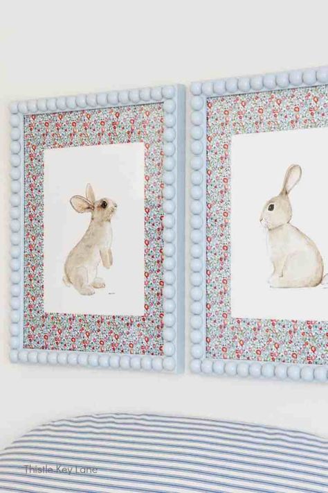 DIY Bobbin Frames In Spring Colors. Create a pretty bobbin frame for your favorite art to display on a gallery wall or any small space. How To Recycle Old Frames. DIY Beaded Frames. Easy Paint Frame Project. Rabbit Watercolor Artwork. Wall Art Childrens Bedroom, Using Picture Frames For Decor, Framed Kids Artwork, Diy For Nursery, Picture Frame Diy Crafts, How To Frame Wallpaper, Framed Baby Clothes, Nursery Frames Decor, Diy Frame Art