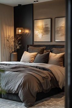 Bedrooms With Black Floors, Dark Grey Small Bedroom, Bedroom Decor Black Wall, Black Brown Bedding, Bedroom Paint Ideas Dark Furniture, Dark And Neutral Bedroom, Stylish House Design, Bedroom Ideas For Small Rooms Dark Wood, Dark Walls Light Bedding