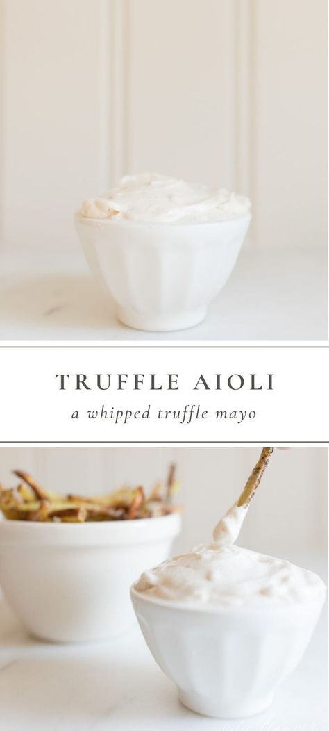 Truffle Aioli is the best way to enhance even the most basic recipes like sandwiches, fish, asparagus and more! Truffle Mayo is also great for drizzling or dipping fries and blending into dips. #truffle #mayo #aiolo #dips #appetizer Aoili Recipe, Truffle Mayo, Truffle Aioli, Truffle Oil Recipes, Easy Truffles, Truffle Sauce, Homemade Truffles, Aioli Recipe, Julie Blanner