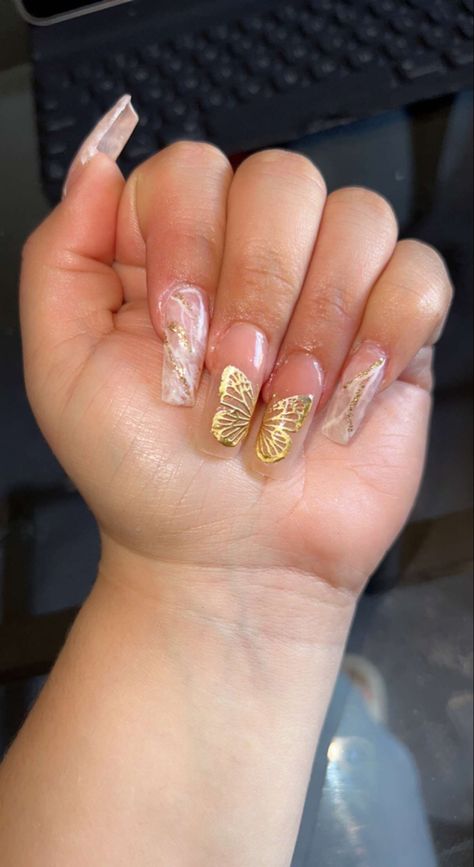 Good Butterfly Nails, Erika Titus Nails Butterfly, White Gold Butterfly Nails, Gold Butterfly Acrylic Nails, Emerald Green And Gold Nails Acrylic Simple, Green And Gold Butterfly Nails, Butterfly Nails Gold, Pink And Gold Butterfly Nails, Butterfly Theme Nails