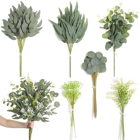 PRICES MAY VARY. 【Package Including】: 86pcs with 6 Kinds; Long Willow leaves x11, Silver Dollar Eucalyptus x30, Eucalyptus x10, Babys breaths x5, Willow leaves x20,White Green Flower x10. 【Size】: The Artificial greenery stems box set is about 10-17 inches long. Different sizes match to make your bouquet more perfect. 【Quality materials】: The leaves and flowers are made of quality silk and plastic,The stems are made of plastic and wire wrapped,so you can bend or cut them as needed. 【Versatile】: t Wedding Floral Arrangements Centerpieces, Wedding Decor Vases, Eucalyptus Stems, Diy Bridal Bouquet, Greenery Centerpiece, Gubahan Bunga, Boda Diy, Dollar Eucalyptus, Feuille Eucalyptus