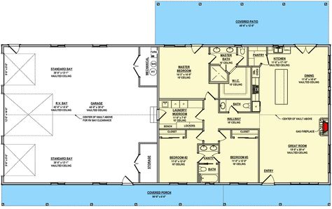 This barndominium-style house plan gives you 3 beds, 2.5 baths and 1,980 square feet of heated living space.  This plan is designed with conventional wood framing - with 2x6 exterior walls. A massive RV-friendly vaulted garage has a central bay with a 12' by 14' overhead door flanked by two bays with 9' by 9' overhead doors which combine to deliver 1,780 square feet of parking space. Two closets line the back wall: one gives you dedicated storage and the other a dedicated mechanical space. Barndominium Floor Plans 1 Story With Garage, 40x60 Shop With Living Quarters Plans, 60x40 Barndominium Floor Plans, Small Shop House Plans, Shop With Living Quarters Plans, Barns With Living Quarters, Shop And House Combo Plans, Small Metal Building Homes, Prefab Metal Buildings