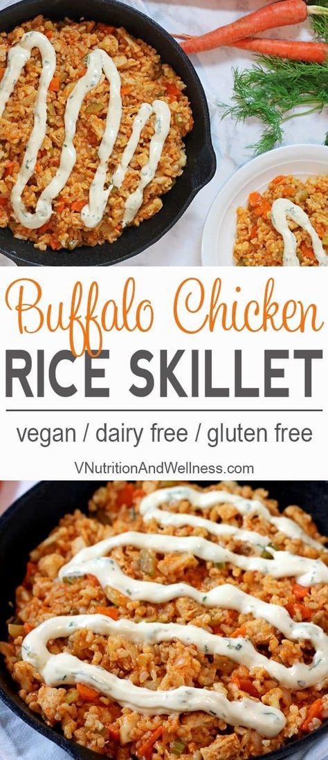 Vegan Buffalo Chicken Rice Skillet | Vegan chicken, brown rice & veggies make a perfect football meal! vegan recipe, buffalo chicken Chicken Rice Veggies, Buffalo Chicken Rice, Vegan Buffalo Chicken, Chicken Rice Skillet, Chicken Brown Rice, Riced Veggies, Rice Skillet, Vegan Chicken, Best Vegan Recipes