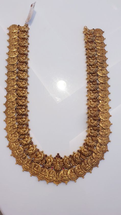 Temple Design Gold Haram, Heavy Long Haram Designs Gold, Kaasu Mala Gold Haram Antique, Antique Kasulaperu Designs, Light Weight Antique Haram Designs Gold, Long Haram Gold Jewellery Designs Antique, Light Weight Long Haram Gold, Lakshmi Kasula Haram, Kasula Haram Designs Gold Latest