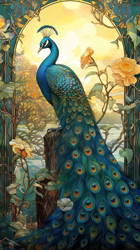 An art nouveau drawing of a peacock on landscape animal bird creativity. | premium image by rawpixel.com / chu_chutima Art Nouveau Design Illustration, Art Nouveau Borders, Roses Iphone Wallpaper, Art Nouveau Drawing, Peacock Background, Art Nouveau Peacock, Wallpaper Peacock, Peacock Artwork, Fairy Tale Art