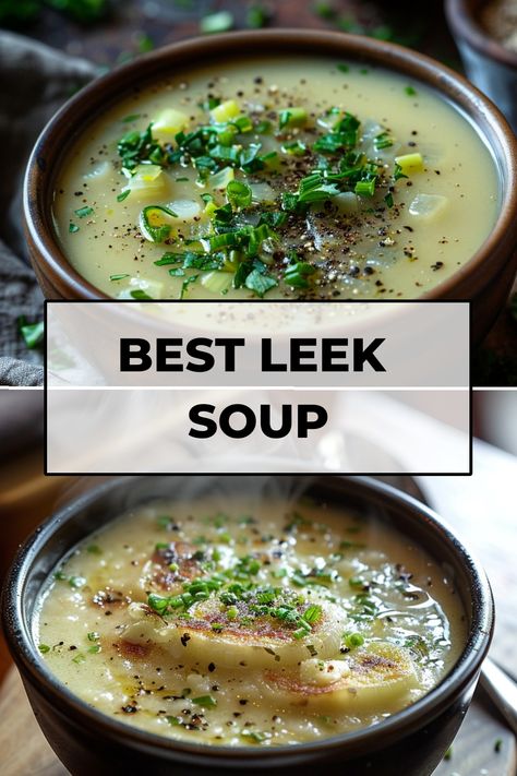 Indulge in the comforting flavors of leek soup with these delicious and healthy recipes. From creamy potato leek soup to light and refreshing variations, you'll find a recipe to suit every craving. These leek soup recipes are not only satisfying but also packed with nutrients, making them a great choice for a nourishing meal. Whether you're looking for a quick weeknight dinner or wanting to impress guests at your next gathering, these wholesome leek soup recipes will surely make an impact. Leek Soup Recipes French, Julia Child Potato Leek Soup, Healthy Potato Leek Soup Recipe, Leek And Chicken Soup, Chicken And Leek Soup Recipes, Magic Leek Soup Recipe, Fall Leek Recipes, Potatoes Leek Soup Recipe, Onion Leek Soup