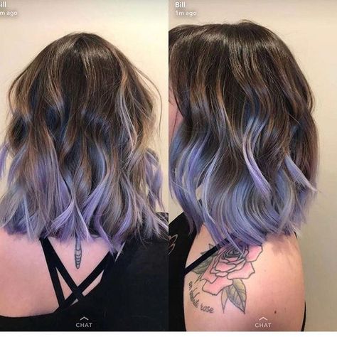 Brown Hair Smokey Highlights, Ash Brown Hair With Lavender Highlights, Smokey Lavender Hair Brunette, Lavender And Blue Hair, Fashion Hair Color Trends 2024, Lavender Hair Short, Lavender Peekaboo Hair, Lavender Blue Hair, Lavender Hair Tips