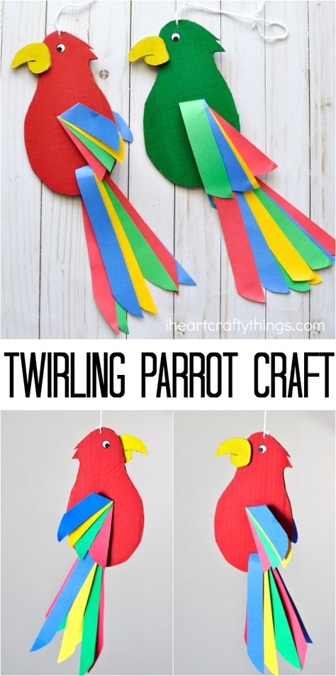 Colorful and fun twirling parrot craft for kids. Great bird craft for a jungle theme unit, fun kids crafts and jungle crafts for kids. Burung Kakatua, Kunst For Barn, Tropisk Fest, Parrot Craft, Jungle Crafts, Bird Craft, Paper Bird, Construction Paper Crafts, Paper Craft Tutorials