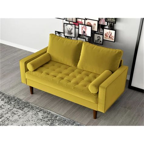 Mercer41 Woodell Velvet 57.87" Wide Square Arm Loveseat & Reviews | Wayfair Solid Wood Design, Yellow Sofa, Velvet Loveseat, Square Arm Sofa, Modern Loveseat, Tufted Sofa, Upholstered Fabric, Loveseat Sofa, Mid Century Modern Design