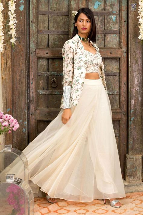 Buy Chhavvi Aggarwal White Printed Jacket And Palazzo Set Online | Aza Fashions Organza Palazzo, Pant Saree, Grey Pant, Off White Jacket, Printed Jacket, Palazzo Set, Design Philosophy, Party Wear Indian Dresses, Indian Fashion Designers