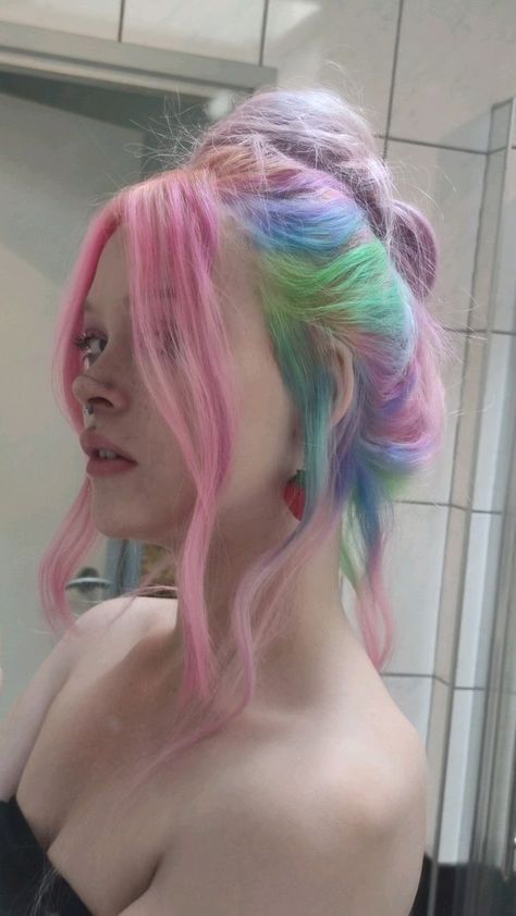 Pink Purple Pastel Hair, Pastel Color Hair Ideas, Pink And Purple Pastel Hair, Pink And Rainbow Hair, Fun Hair Colors For Blondes, Pink Multicolor Hair, Pink Rainbow Hair, Pastel Rainbow Hair Color, Pastel Pink And Purple Hair