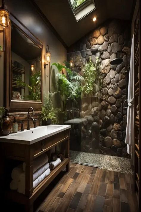 River rock shower floor in a rustic style bathroom. Small Rustic Bathroom Ideas, Small Rustic Bathroom, Marble Bed, Small Half Bathrooms, Small Basement Bathroom, Dark Green Bathrooms, Makeover Kamar Mandi, Modern Luxury Bathroom, Dark Bathrooms