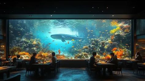 ↑↑↑ Larger size on website 🔸 A large, empty restaurant features a giant aquarium as its main wall. The aquarium displays a whale Giant Aquarium, Aquarium Restaurant, Large Aquarium, Fish People, Minimalist Restaurant, Underwater Restaurant, Black Chairs, Underwater Scene, The Aquarium