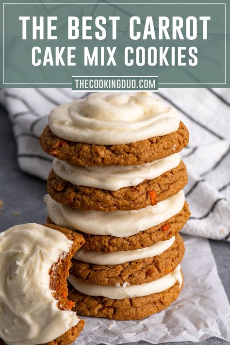 Carrot cake mix cookies stacked on top of each other. Easy Carrot Cake Desserts, Carrot Cake Box Mix Recipes Desserts, Boxed Carrot Cake Cookies, Box Carrot Cake Cookies, Carrot Cake Cake Mix Cookies, Carrot Cake Cookies With Cream Cheese Frosting, Soft Carrot Cake Cookies, Boxed Carrot Cake Mix Ideas, Carrot Cake Mix Cookies Recipes